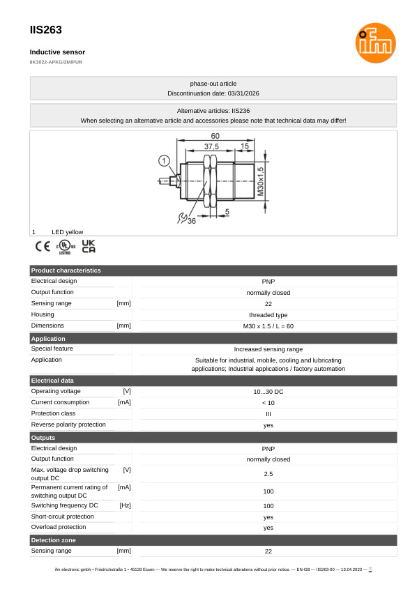 IIS263 \ Inductive sensor \ Range 22 mm \ PNP NC \ M30 \ Cable PUR 2 m datasheet