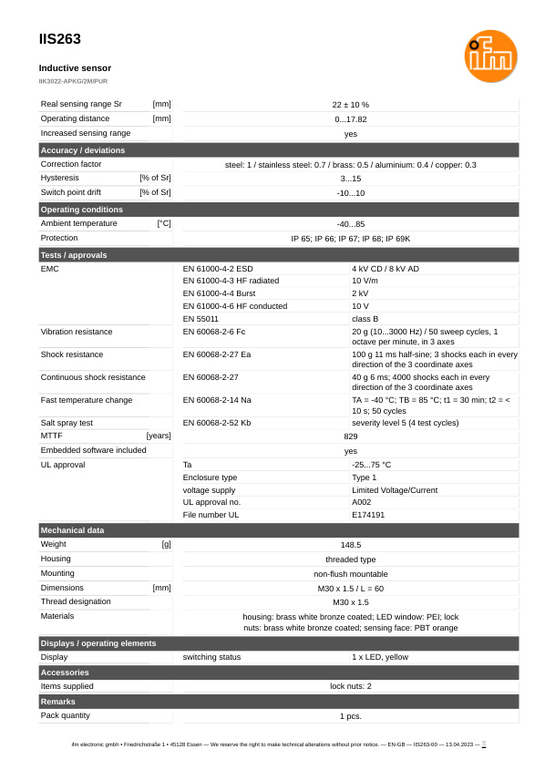 IIS263 \ Inductive sensor \ Range 22 mm \ PNP NC \ M30 \ Cable PUR 2 m datasheet