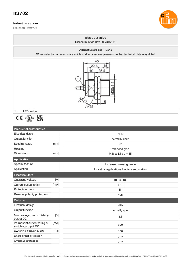 IIS702 \ Inductive sensor \ Range 22 mm \ NPN NO \ M30 \ Cable PUR 2 m datasheet