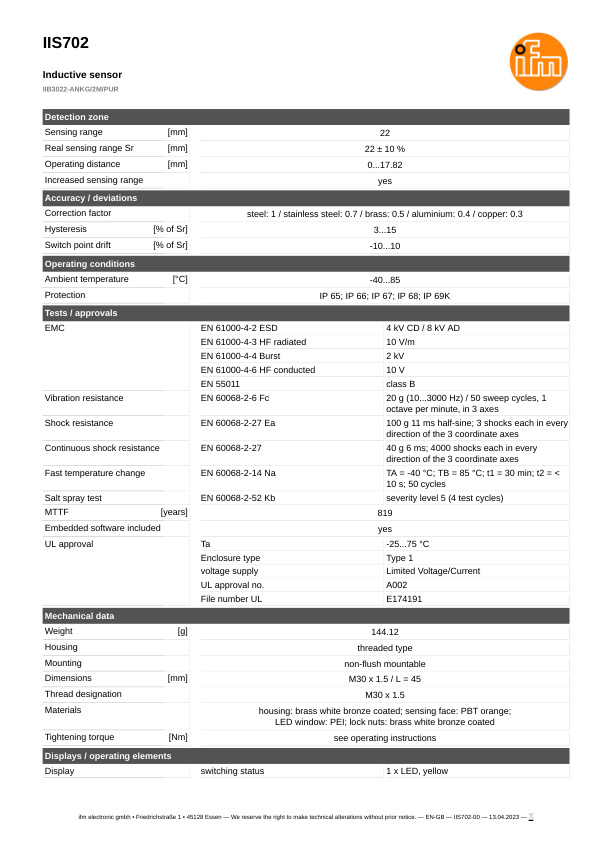 IIS702 \ Inductive sensor \ Range 22 mm \ NPN NO \ M30 \ Cable PUR 2 m datasheet