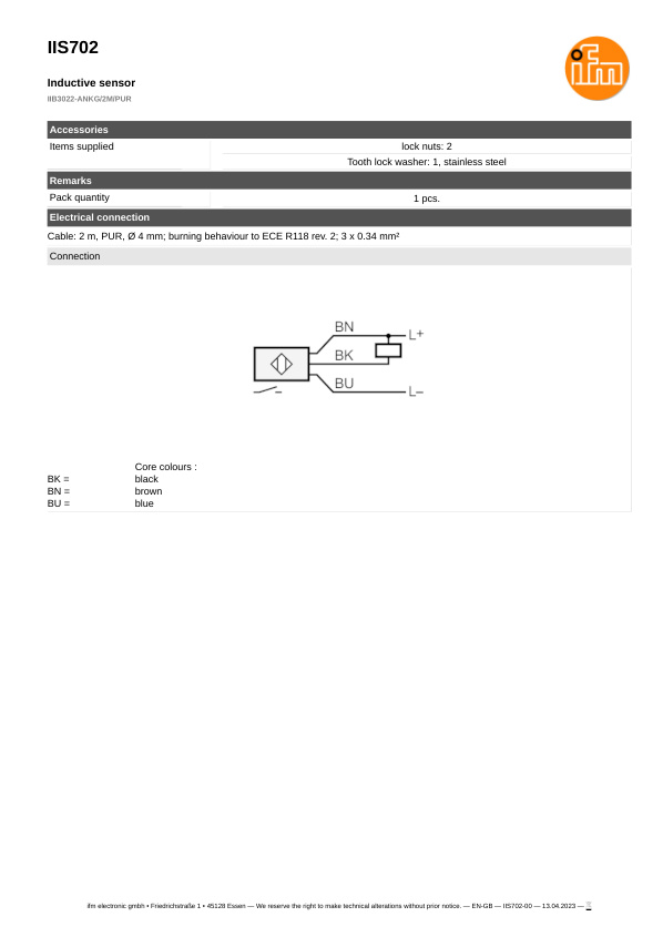 IIS702 \ Inductive sensor \ Range 22 mm \ NPN NO \ M30 \ Cable PUR 2 m datasheet