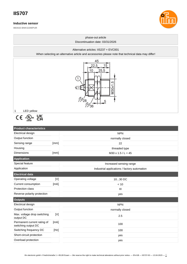 IIS707 \ Inductive sensor \ Range 22 mm \ NPN NC \ M30 \ Cable PUR 2 m datasheet