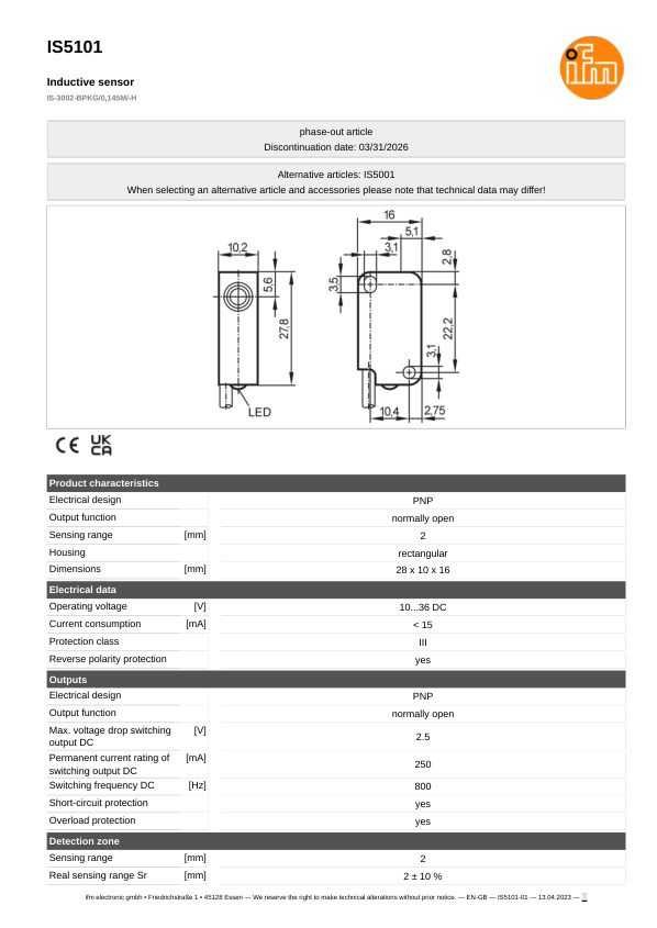 IS5101 \ Inductive sensor \ Range 2 mm \ PNP NO \ 28 x 10 x 16 mm \ Cable PVC 0.145m datasheet