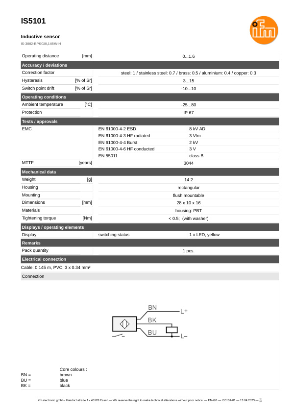 IS5101 \ Inductive sensor \ Range 2 mm \ PNP NO \ 28 x 10 x 16 mm \ Cable PVC 0.145m datasheet