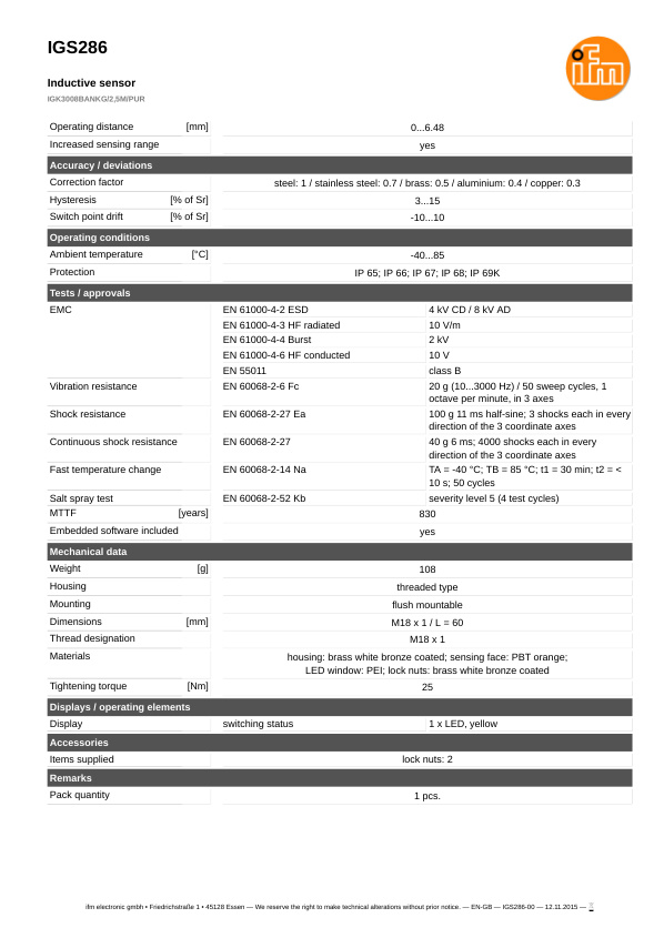 IGS286 \ Inductive sensor \ Range 8 mm \ NPN NO \ M18 \ Connector M12 datasheet