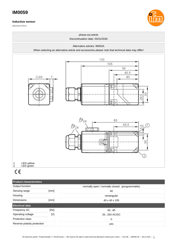 IM0059 \ Inductive sensor \ Range 40 mm \ AC/DC NO/NC \ 40 x 40 x 105 mm \ screw terminals datasheet