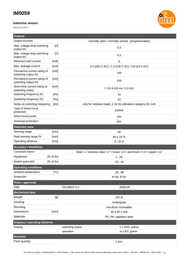 IM0059 \ Inductive sensor \ Range 40 mm \ AC/DC NO/NC \ 40 x 40 x 105 mm \ screw terminals datasheet