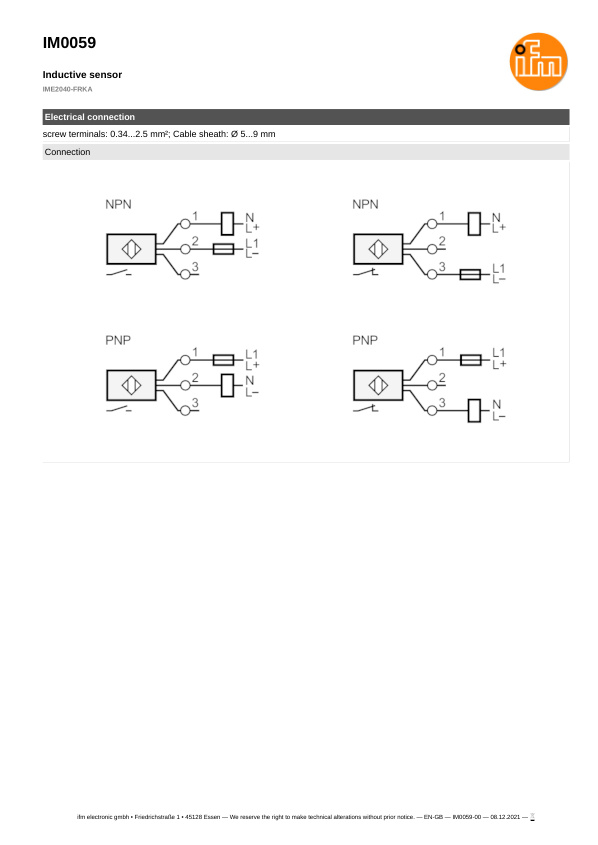 IM0059 \ Inductive sensor \ Range 40 mm \ AC/DC NO/NC \ 40 x 40 x 105 mm \ screw terminals datasheet