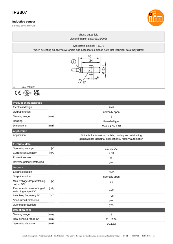 IFS307 \ Inductive sensor \ Range 2 mm \ PNP NO \ M12 \ Cable PUR 5m datasheet