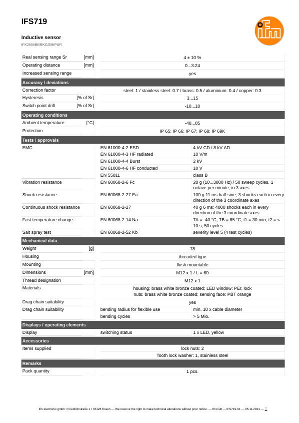 IFS719 \ Inductive sensor \ Range 4 mm \ PNP/NPN NC \ M12 \ Connector M12 datasheet