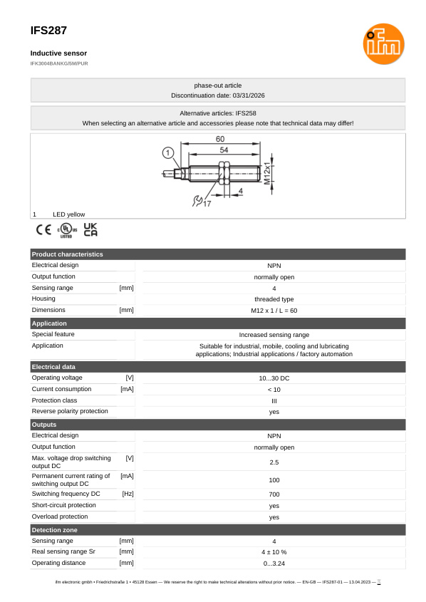 IFS287 \ Inductive sensor \ Range 4 mm \ NPN NO \ M12 \ Cable PUR 5m datasheet