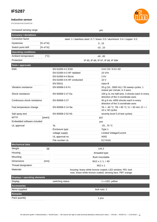 IFS287 \ Inductive sensor \ Range 4 mm \ NPN NO \ M12 \ Cable PUR 5m datasheet