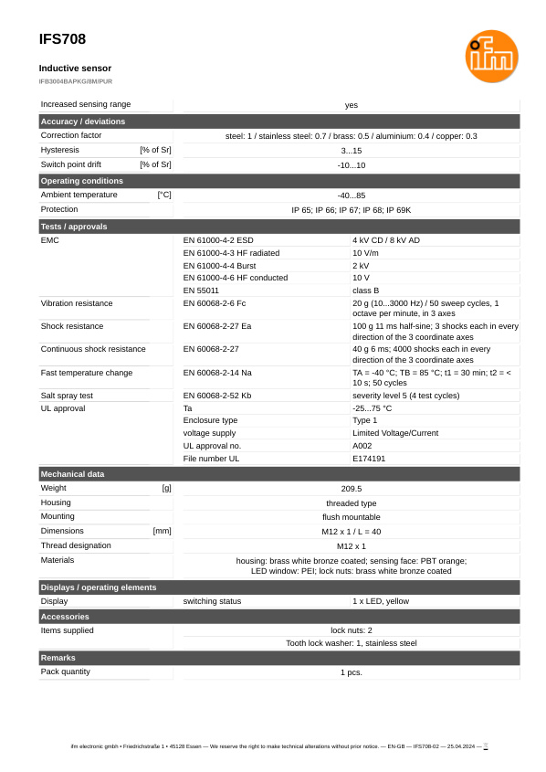 IFS708 \ Inductive sensor \ Range 4 mm \ PNP NC \ M12 \ Connector M12 datasheet