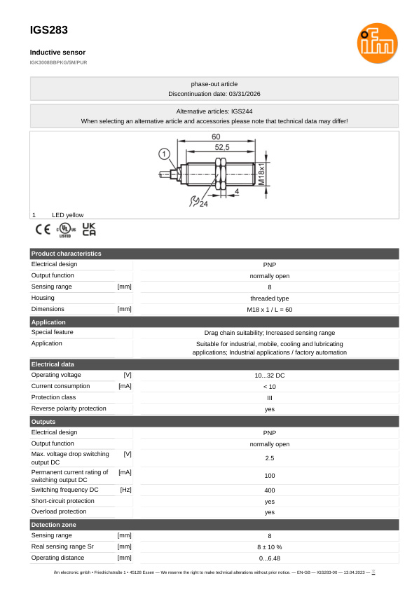 IGS283 \ Inductive sensor \ Range 8 mm \ PNP NO \ M18 \ Connector M12 datasheet