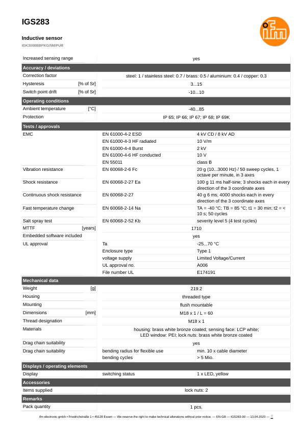 IGS283 \ Inductive sensor \ Range 8 mm \ PNP NO \ M18 \ Connector M12 datasheet