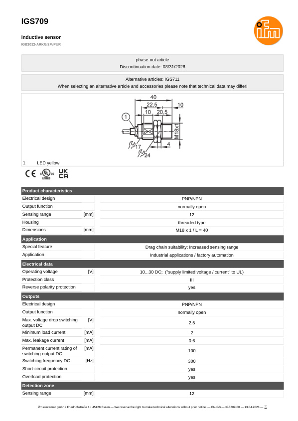 IGS709 \ Inductive sensor \ Range 12 mm \ PNP/NPN NO \ M18 \ Cable PUR 2 m datasheet