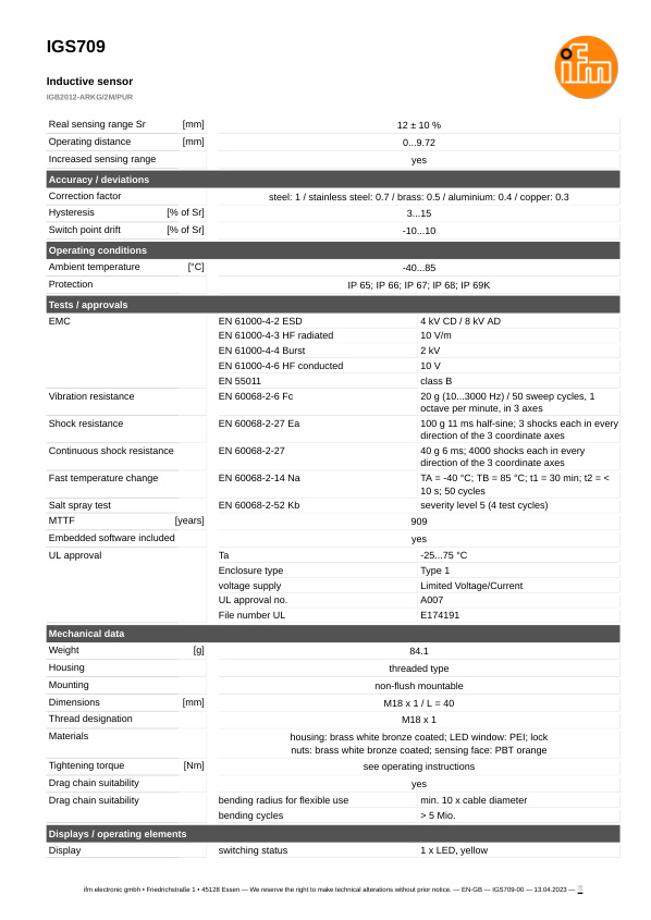IGS709 \ Inductive sensor \ Range 12 mm \ PNP/NPN NO \ M18 \ Cable PUR 2 m datasheet