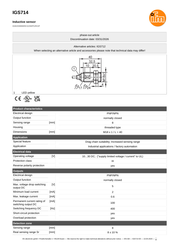 IGS714 \ Inductive sensor \ Range 8 mm \ PNP/NPN NC \ M18 \ Connector M12 datasheet