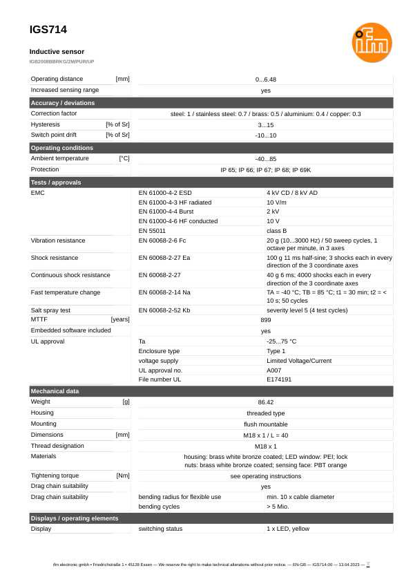 IGS714 \ Inductive sensor \ Range 8 mm \ PNP/NPN NC \ M18 \ Connector M12 datasheet