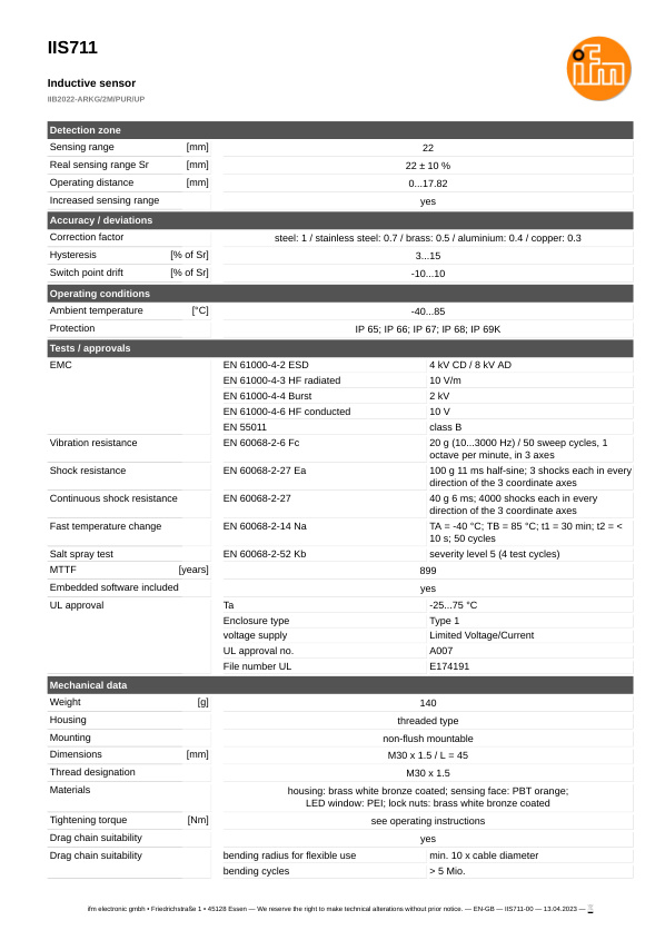 IIS711 \ Inductive sensor \ Range 22 mm \ PNP/NPN NO \ M30 \ Cable PUR 2 m datasheet