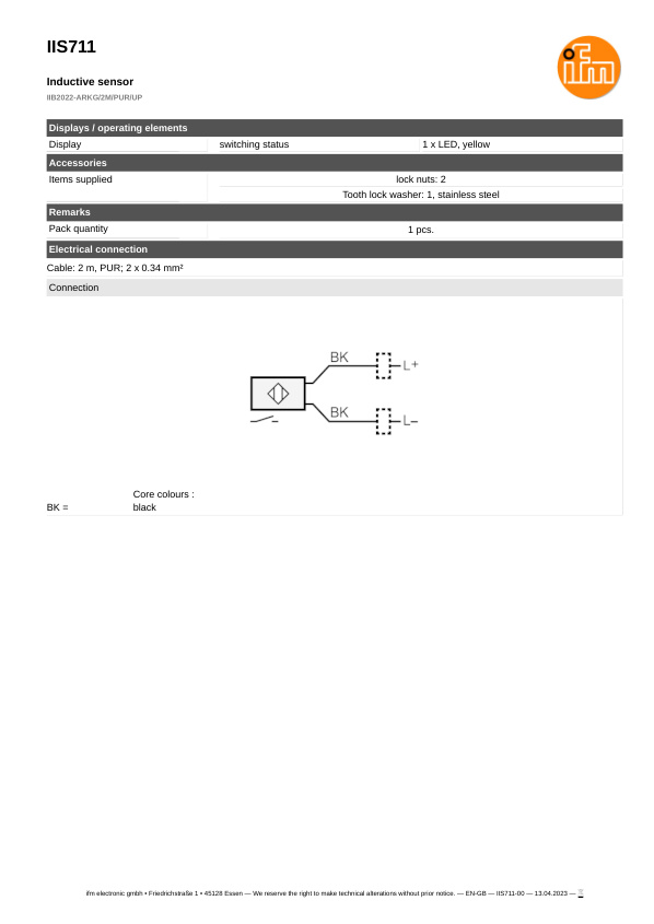 IIS711 \ Inductive sensor \ Range 22 mm \ PNP/NPN NO \ M30 \ Cable PUR 2 m datasheet
