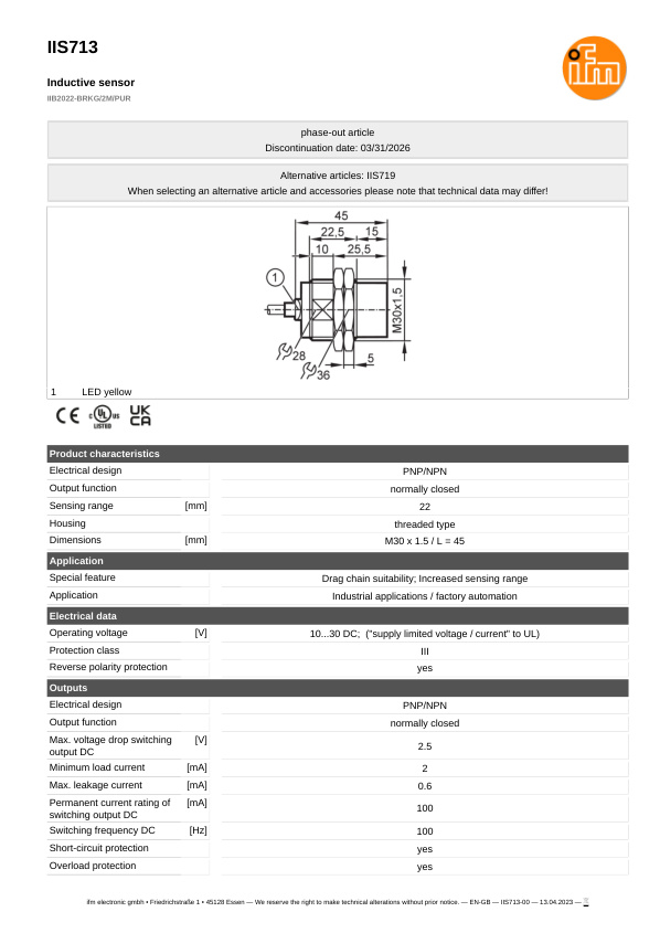 IIS713 \ Inductive sensor \ Range 22 mm \ PNP/NPN NC \ M30 \ Cable PUR 2 m datasheet