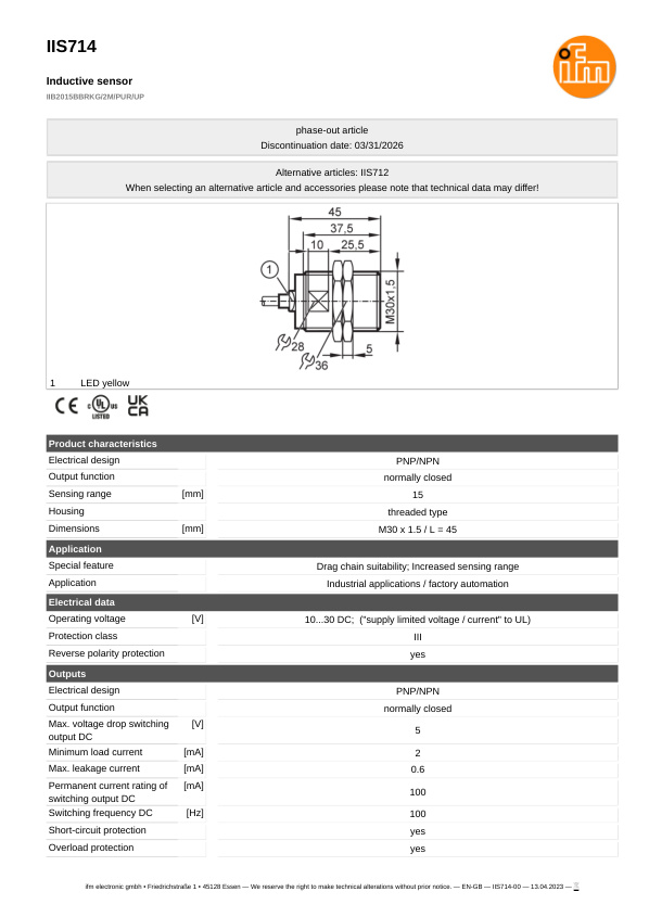 IIS714 \ Inductive sensor \ Range 15 mm \ PNP/NPN NC \ M30 \ Cable PUR 2 m datasheet