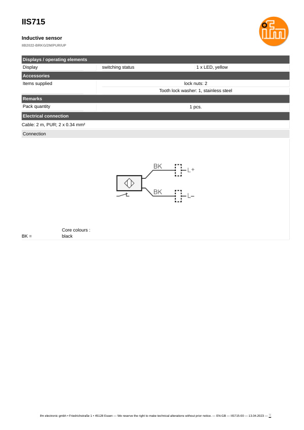 IIS715 \ Inductive sensor \ Range 22 mm \ PNP/NPN NC \ M30 \ Cable PUR 2 m datasheet
