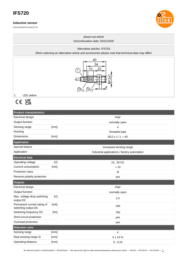 IFS720 \ Inductive sensor \ Range 4 mm \ PNP NO \ M12 \ Cable PUR 8m datasheet