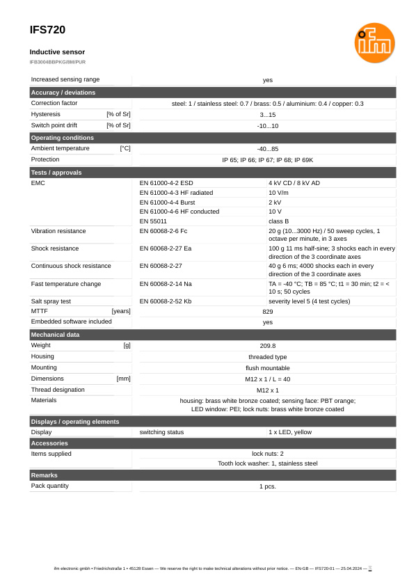 IFS720 \ Inductive sensor \ Range 4 mm \ PNP NO \ M12 \ Cable PUR 8m datasheet