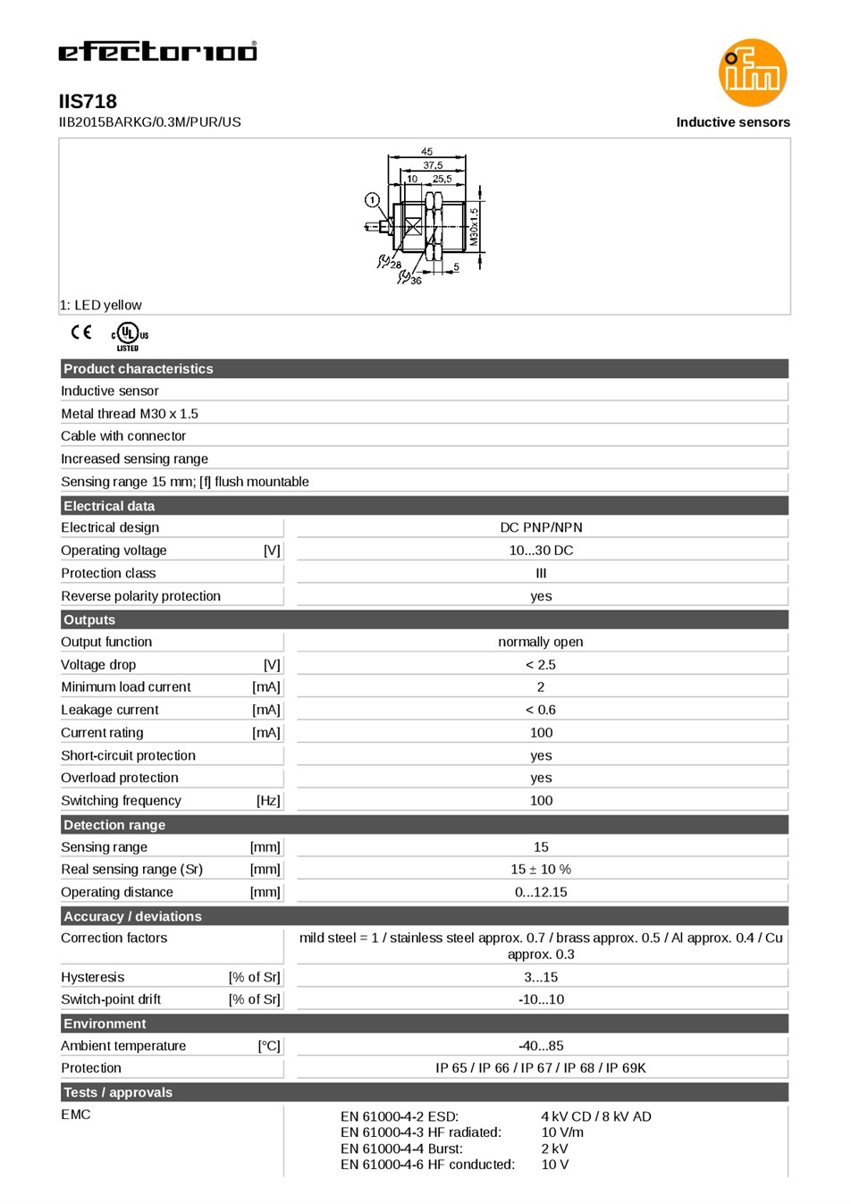 IIS718 \ Inductive sensor \ Range 15 mm \ PNP/NPN NO \ M30 \ Cable PUR 0.3m+Connector M12 datasheet