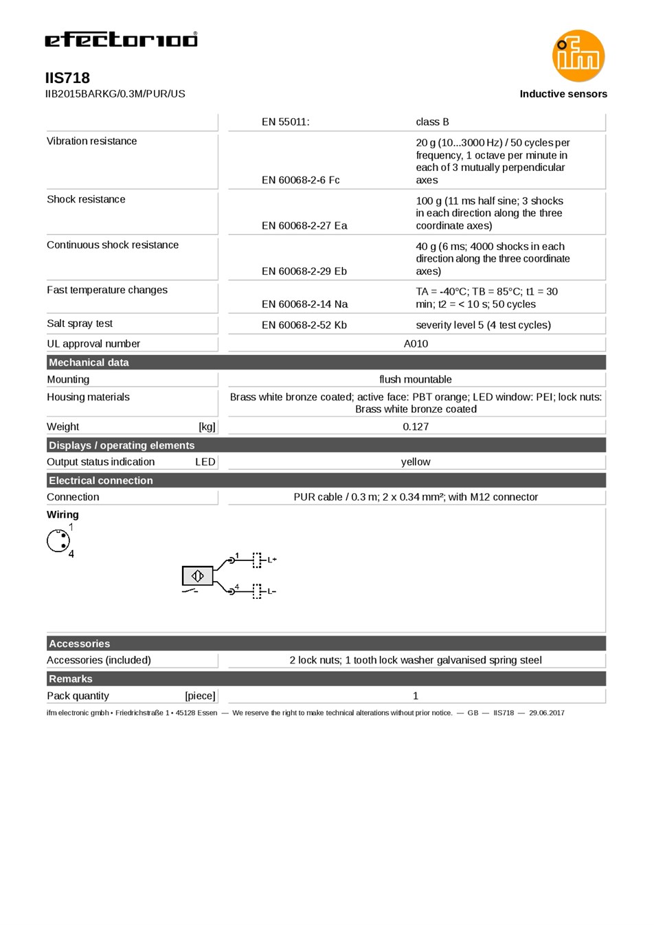 IIS718 \ Inductive sensor \ Range 15 mm \ PNP/NPN NO \ M30 \ Cable PUR 0.3m+Connector M12 datasheet
