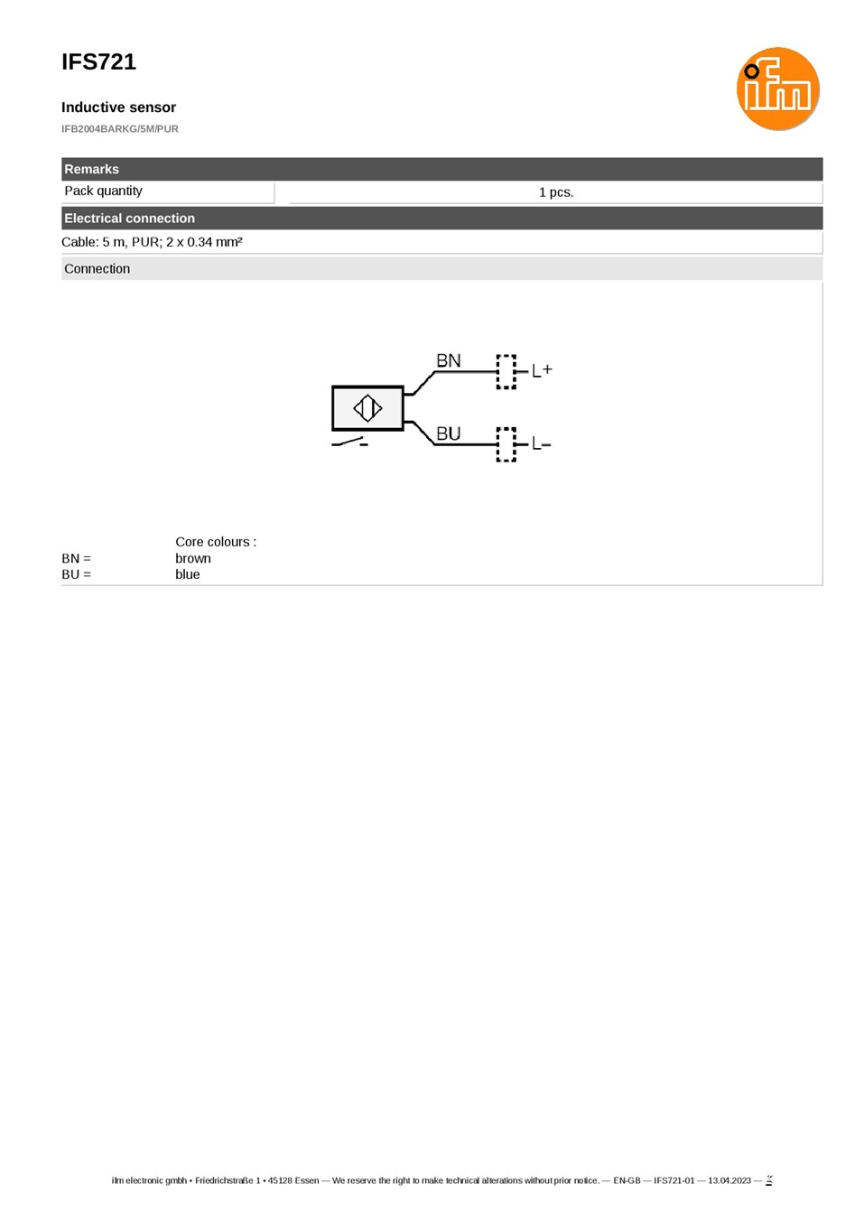 IFS721 \ Inductive sensor \ Range 4 mm \ PNP/NPN NO \ M12 \ Cable PUR 5 m datasheet