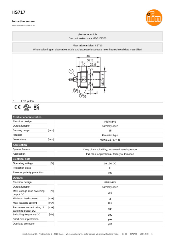 IIS717 \ Inductive sensor \ Range 15 mm \ PNP/NPN NO \ M30 \ Cable PUR 5 m datasheet