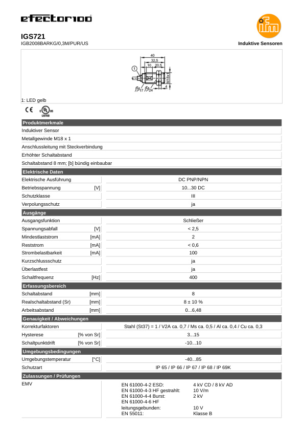 IGS721 \ Inductive sensor \ Range 8 mm \ PNP/NPN NO \ M18 \ Cable PUR 0.3 m datasheet