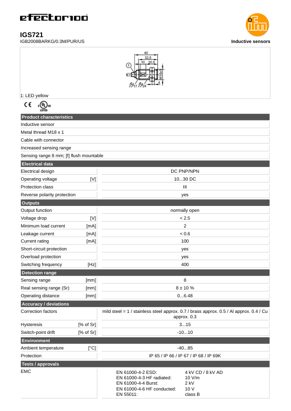 IGS721 \ Inductive sensor \ Range 8 mm \ PNP/NPN NO \ M18 \ Cable PUR 0.3 m datasheet