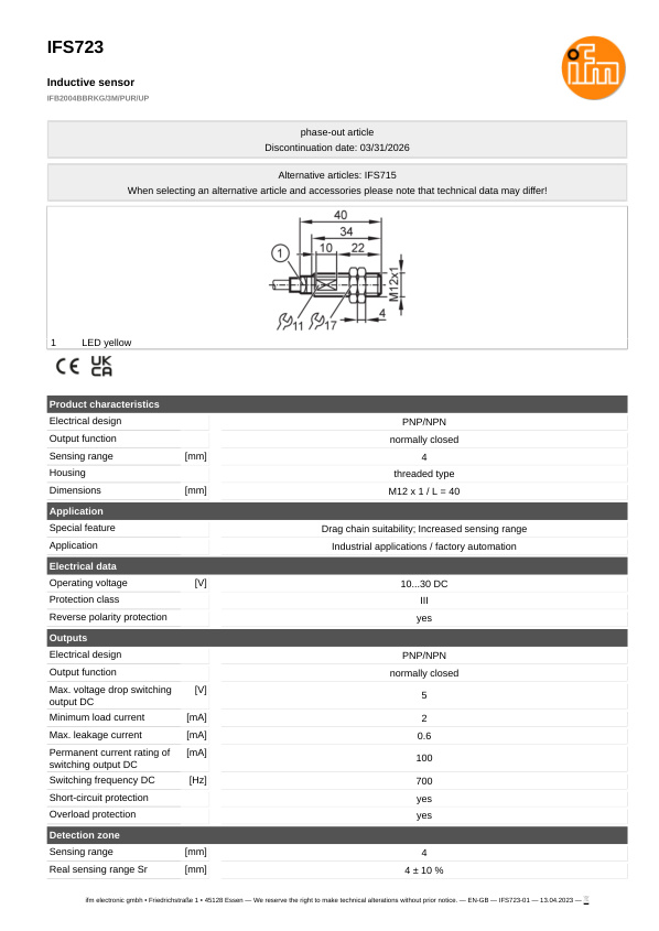 IFS723 \ Inductive sensor \ Range 4 mm \ PNP/NPN NC \ M12 \ Cable PUR 3 m datasheet