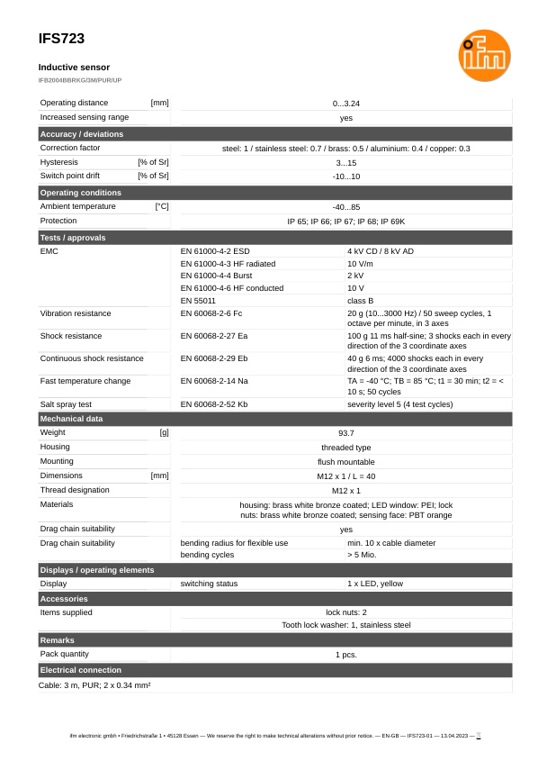 IFS723 \ Inductive sensor \ Range 4 mm \ PNP/NPN NC \ M12 \ Cable PUR 3 m datasheet