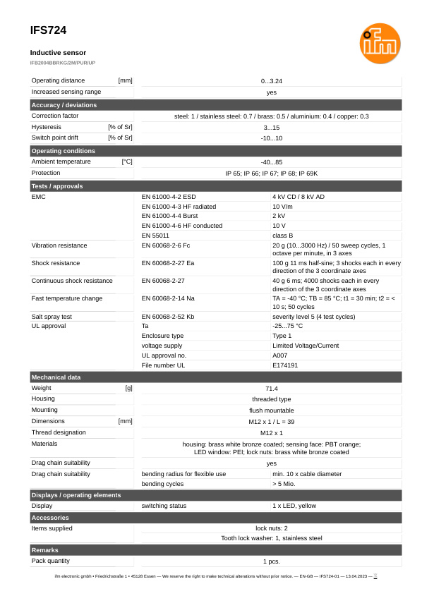 IFS724 \ Inductive sensor \ Range 4 mm \ PNP/NPN NC \ M12 \ Cable PVC 0.5 m datasheet