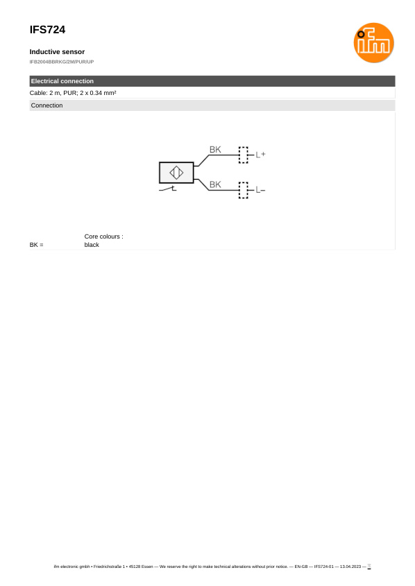 IFS724 \ Inductive sensor \ Range 4 mm \ PNP/NPN NC \ M12 \ Cable PVC 0.5 m datasheet