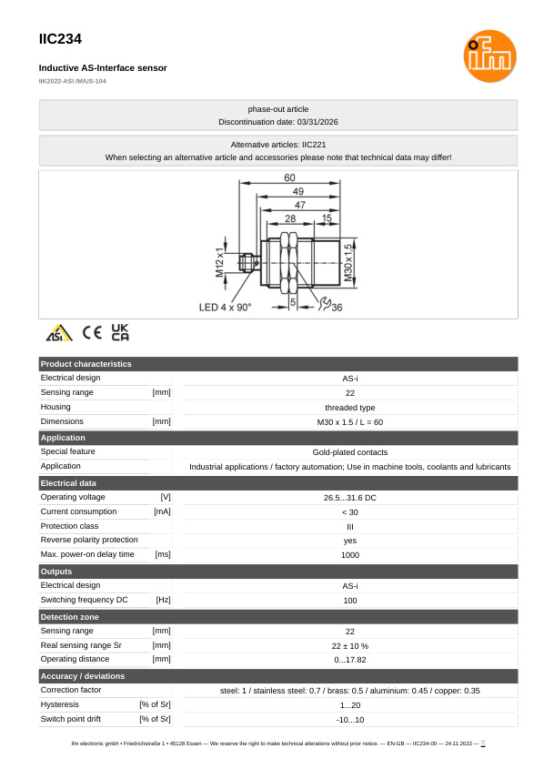 IIC234 \ Inductive sensor \ Range 22 mm \ AS-i \ M30 \ Connector M12 datasheet