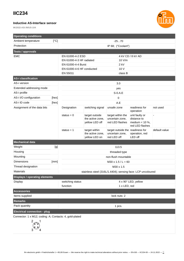 IIC234 \ Inductive sensor \ Range 22 mm \ AS-i \ M30 \ Connector M12 datasheet