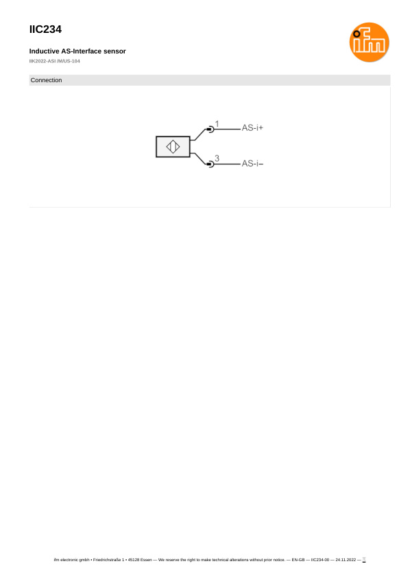 IIC234 \ Inductive sensor \ Range 22 mm \ AS-i \ M30 \ Connector M12 datasheet