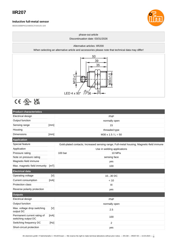 IIR207 \ Inductive sensor \ Range 15 mm \ PNP NO \ M30 \ Connector M12 datasheet