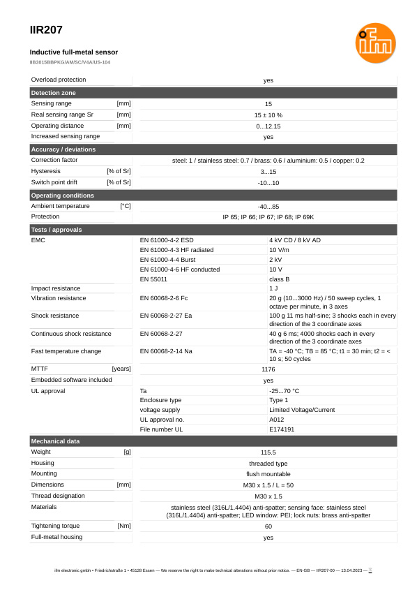 IIR207 \ Inductive sensor \ Range 15 mm \ PNP NO \ M30 \ Connector M12 datasheet