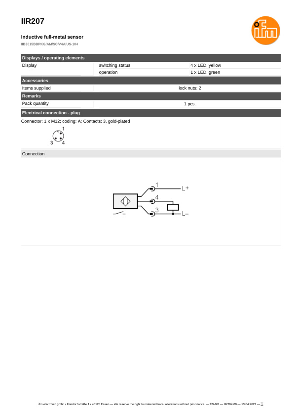 IIR207 \ Inductive sensor \ Range 15 mm \ PNP NO \ M30 \ Connector M12 datasheet