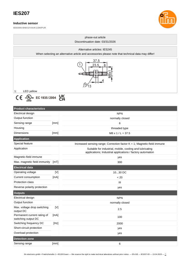 IES207 \ Inductive sensor \ Range 6 mm \ NPN NC \ M8 \ Cable PUR 2m datasheet