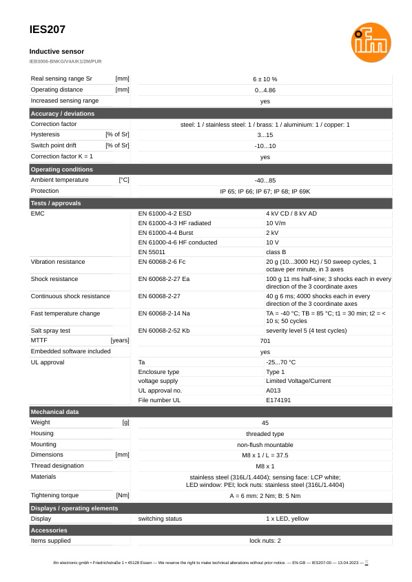 IES207 \ Inductive sensor \ Range 6 mm \ NPN NC \ M8 \ Cable PUR 2m datasheet