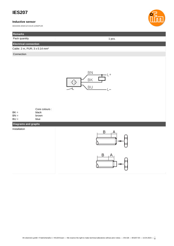 IES207 \ Inductive sensor \ Range 6 mm \ NPN NC \ M8 \ Cable PUR 2m datasheet