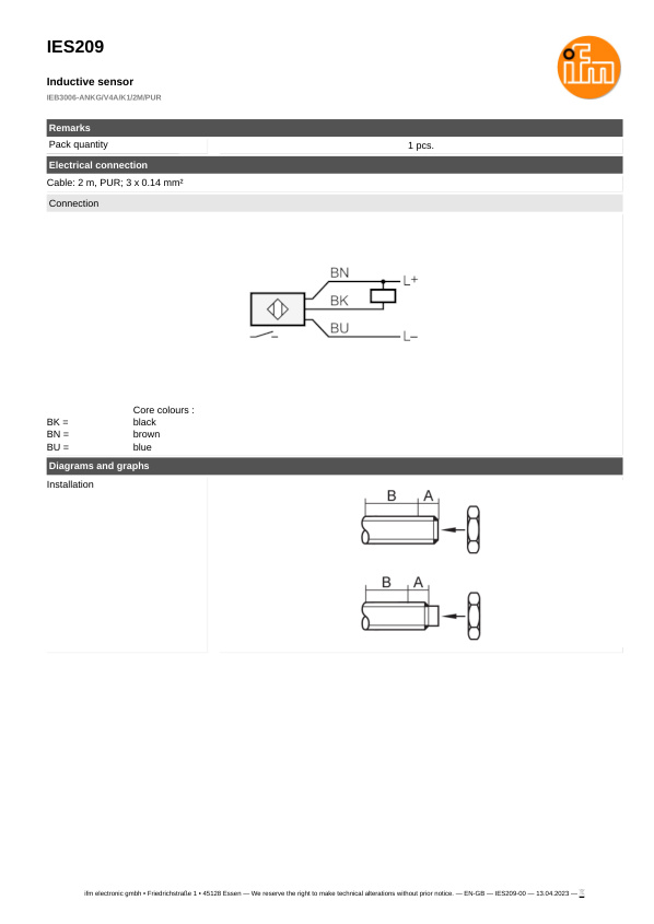 IES209 \ Inductive sensor \ Range 6 mm \ NPN NO \ M8 \ Cable PUR 2m datasheet